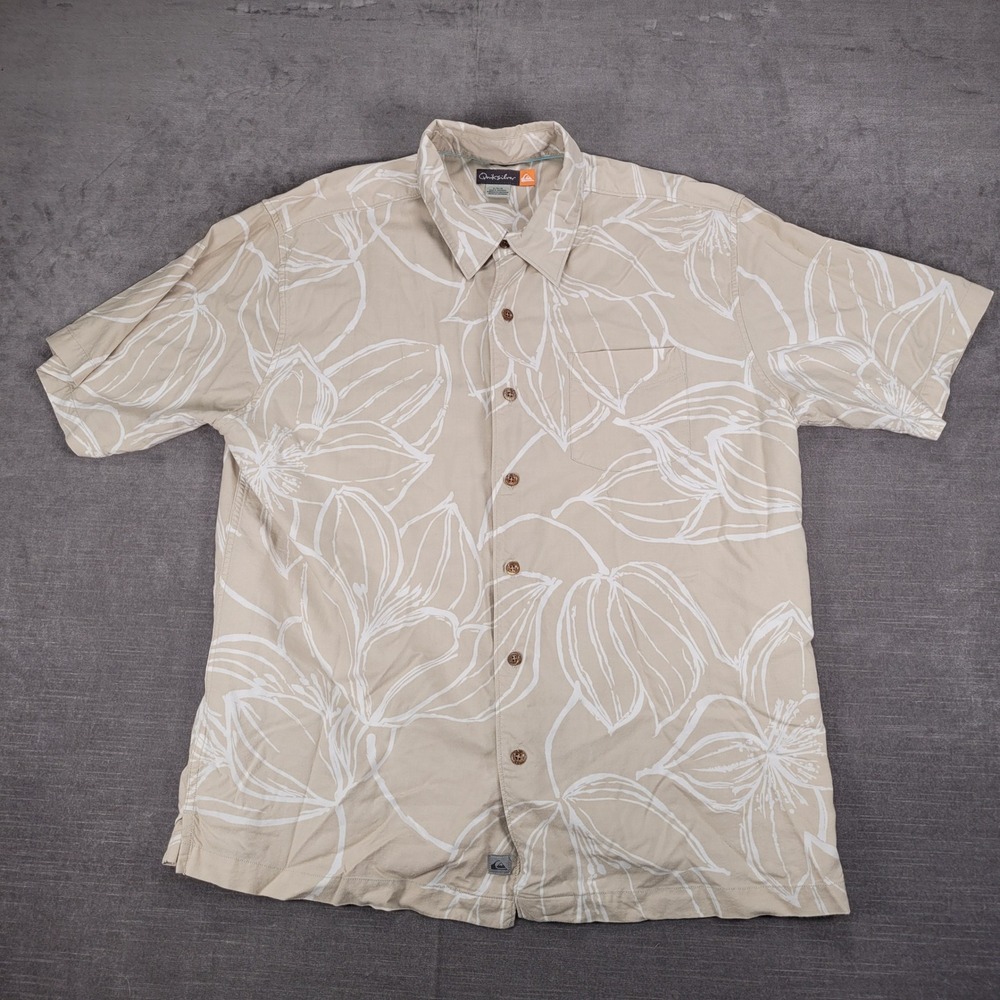 Quiksilver Y2K Floral Button Up Shirt Short Sleeve Casual Tan Size‎ L